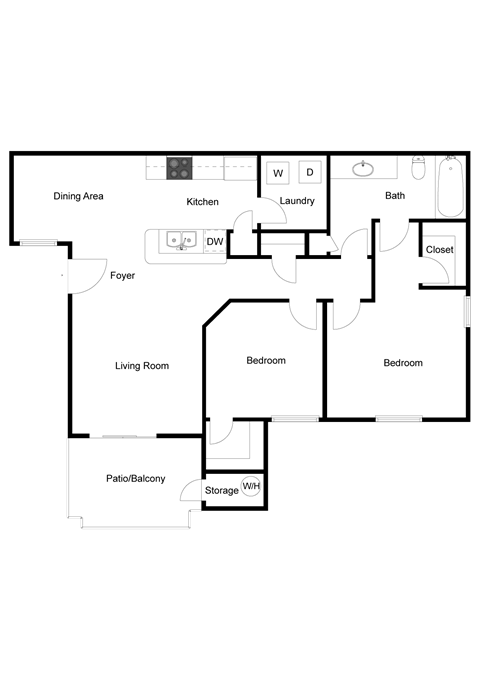 Floor plan for 2 beds, 1 bath, 964 sqft